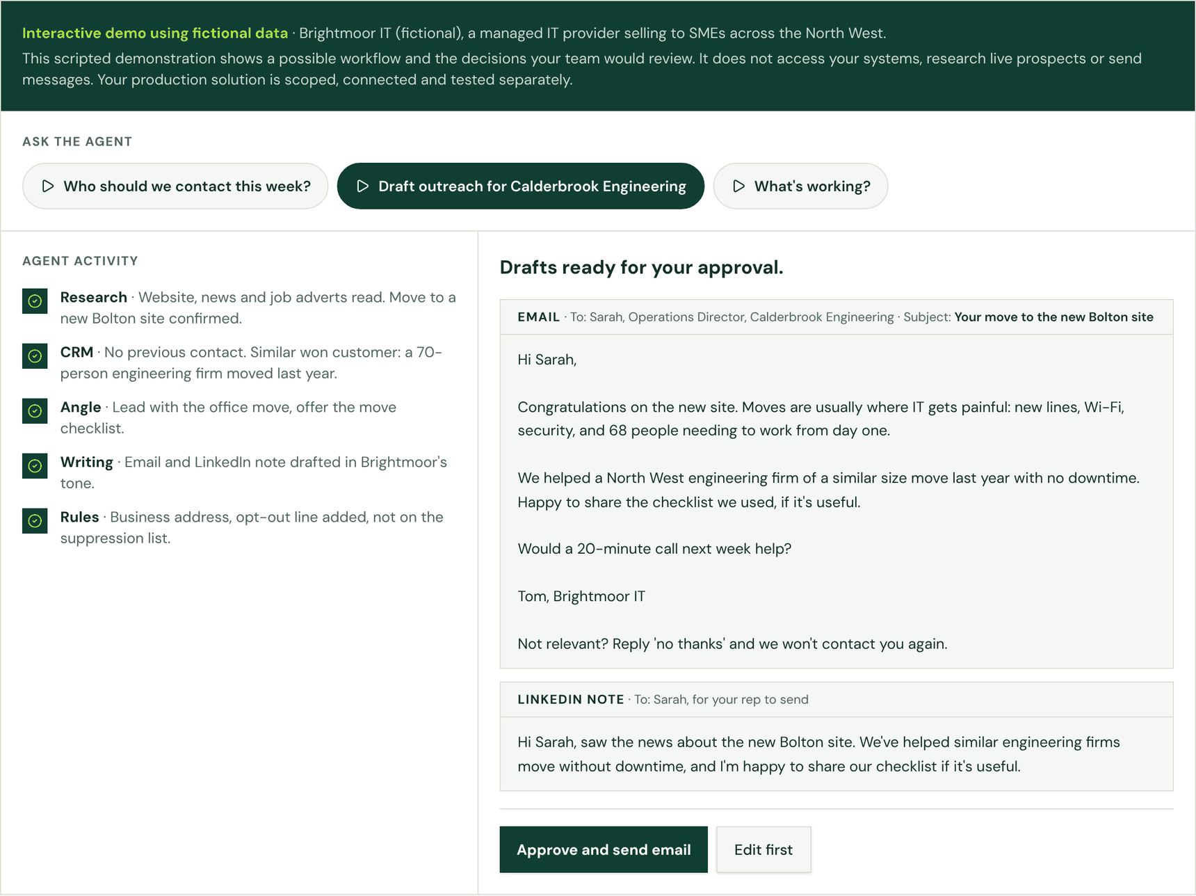Prospect Agent demo with a drafted email and LinkedIn note for a fictional prospect, an opt-out line in the email, and buttons to approve and send or edit first.